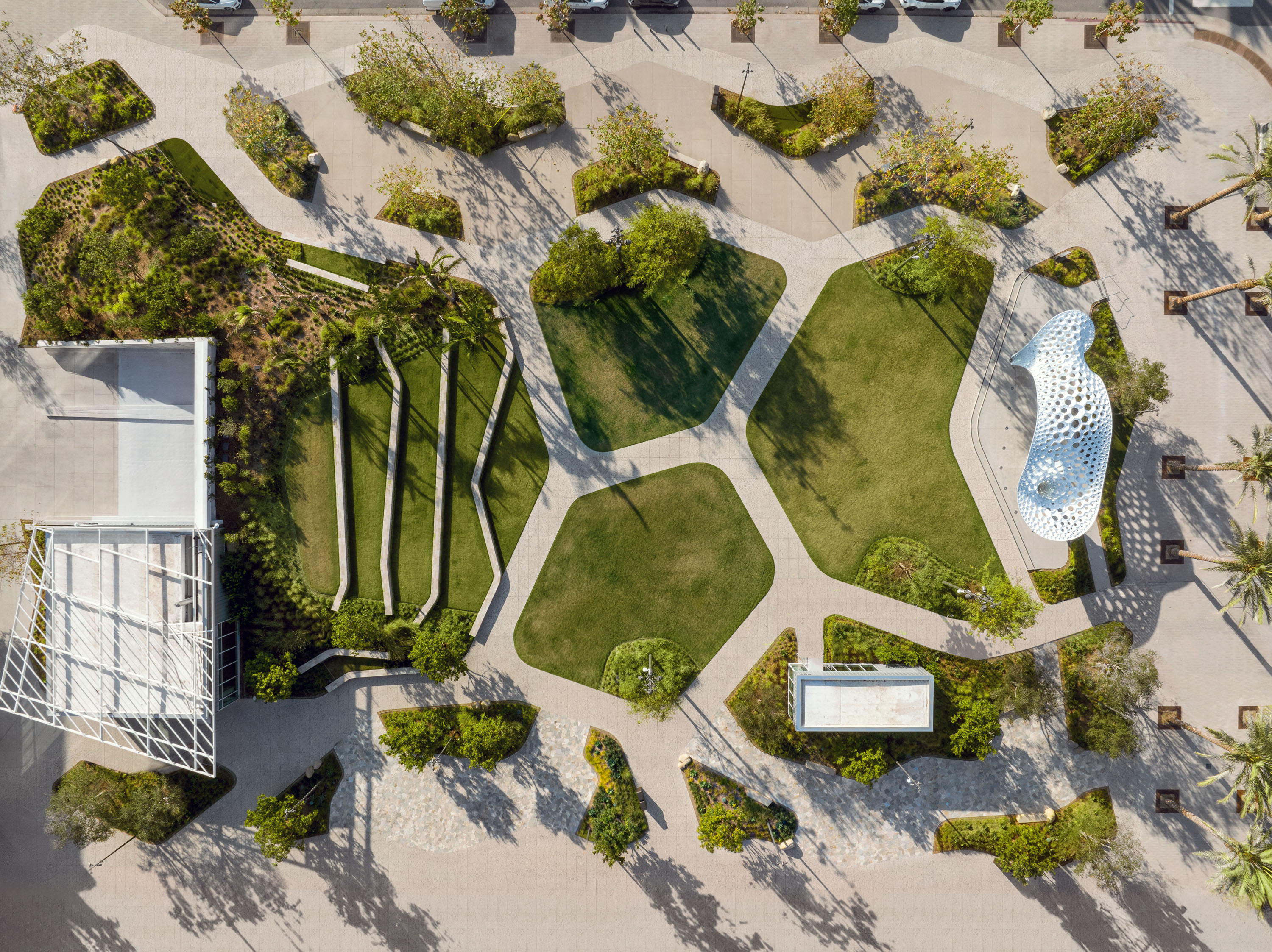 Flat aerial view of Progress Park and the surrounding waterfront district